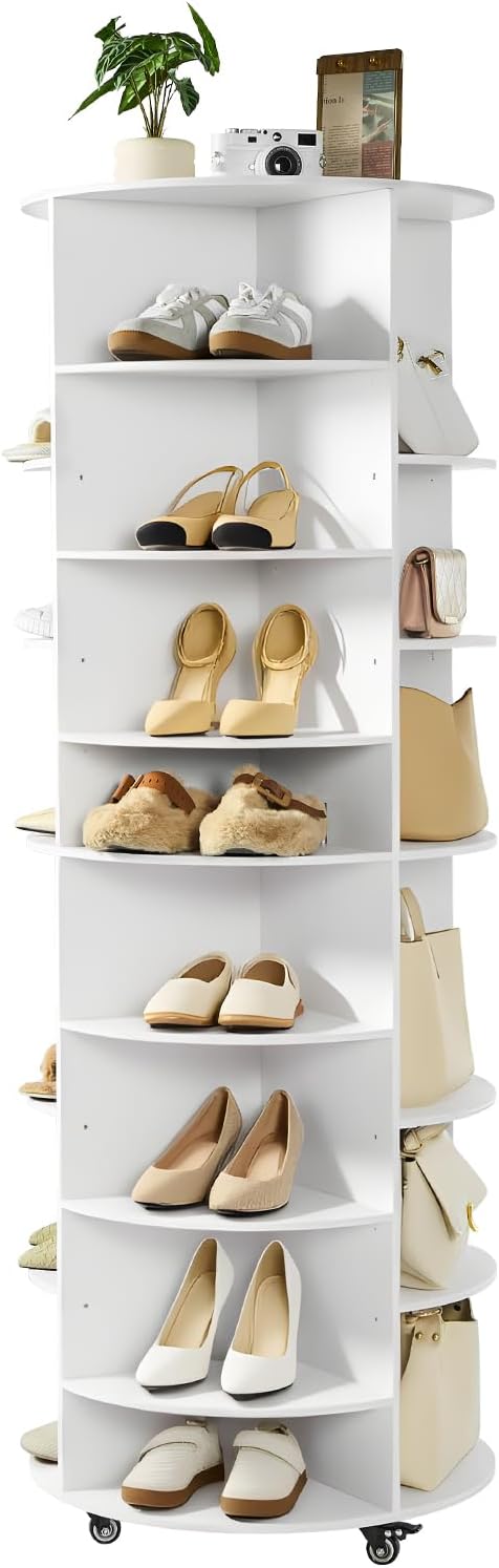 VEVOR 7 Tier Rotating Shoe Rack Tower with Adjustable Shelves, Movable 360° Spinning Carousel Display with Wheels, Lazy Susan Organizer Closet for Bedroom, Living Room, Entryway, Closet, White