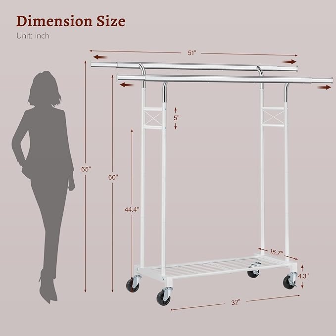 FAVOOSTY Clothes Rack for Hanging Clothes Double Rods, Rolling & Extending Clothing Rack with Wheels, Garment Coat Rack Freestanding, Portable Clothes Rack, White