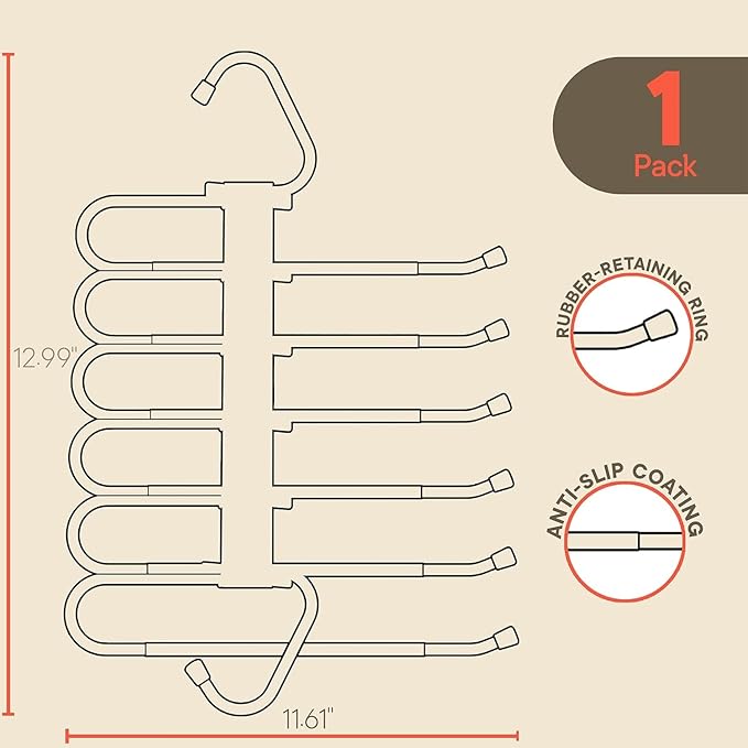 Black Space Saving Pants Hangers 1 Pack, 6 Layer Jeans Hangers and Closet Organizer for Jeans, Scarves, Skirts, Multi-Layer Hanger with Anti-Slip Coating & Stopper, Heavy-Duty S-Type Stainless Steel