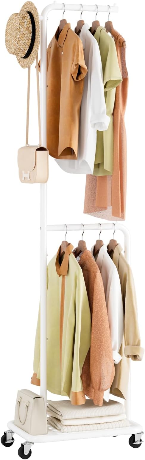Small Clothes Rack with Wheels, 71" Portable Rolling Clothing Rack with Bottom Metal Shelf, Garment Rack with Hanging Rod, Sturdy Freestanding Coat Rack for Bedroom, Entryway, White