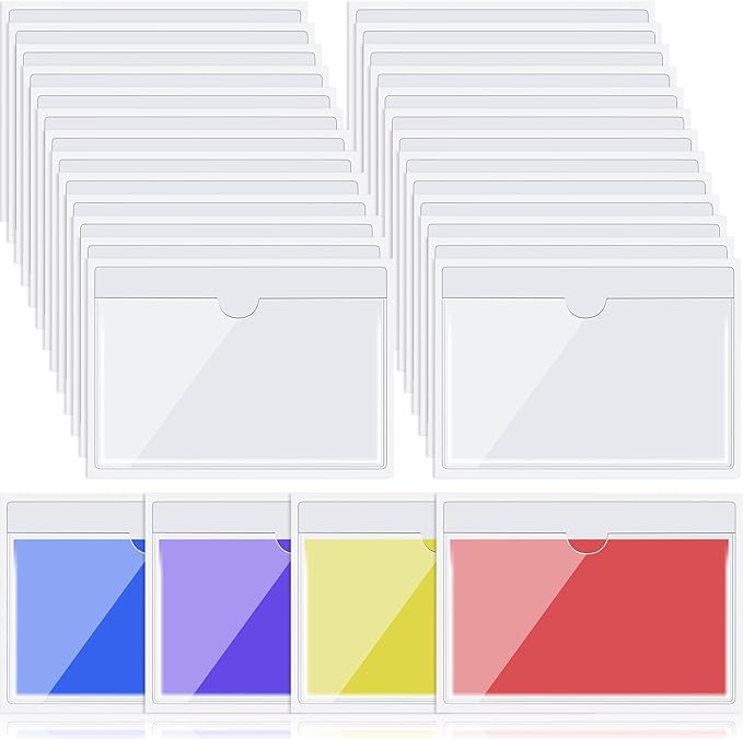 Outus 200 Pack 3 x 5 Inches Self Adhesive Label Pockets Bulk Plastic Labels Holders for Storage Bins Clear Classroom Nameplate Sleeves Index Card Tote Photos Waterproof Protect Office