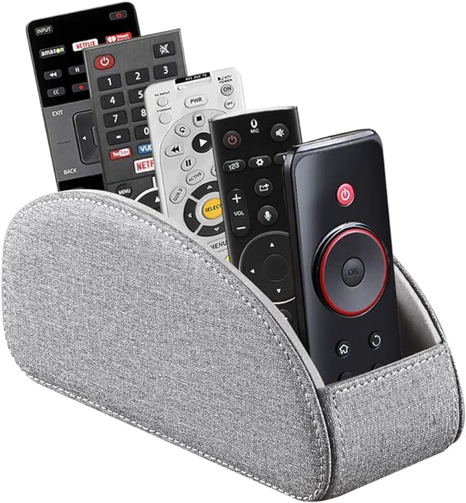 PU Leather Remote Control Holder,TV Remote Caddy with 5 Compartments,Bedside Table or Desktop Organizer for TV,DVD,Blu-Ray,Heater Controllers and Glasses,Media Player,Pen or Pencil Storage(Grey)