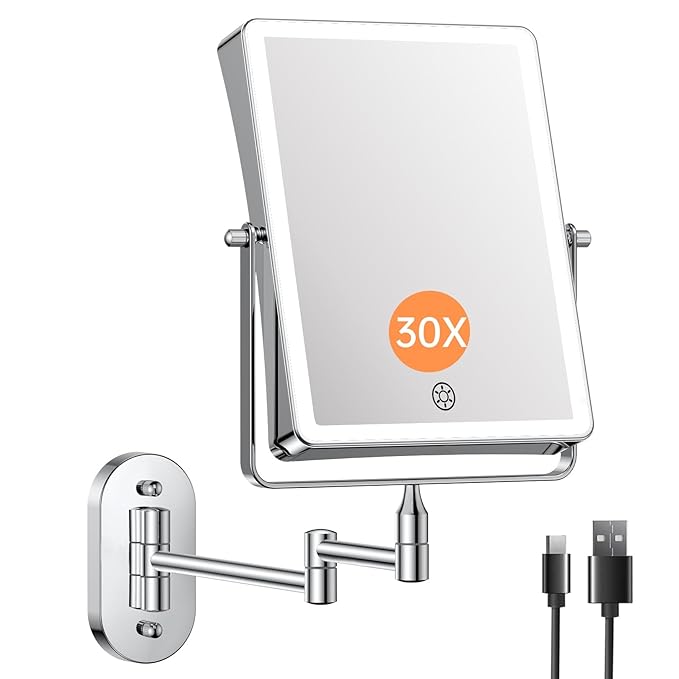 FASCINATE Rechargeable Wall Mounted Makeup Mirror, 4500mAh 8.7" Double Sided Touch Switch 1X 30X Rectangle Wall Mounted Magnifying Mirror with Light, 3 Color Setting, Extended Arm 360° Foldable Chrome
