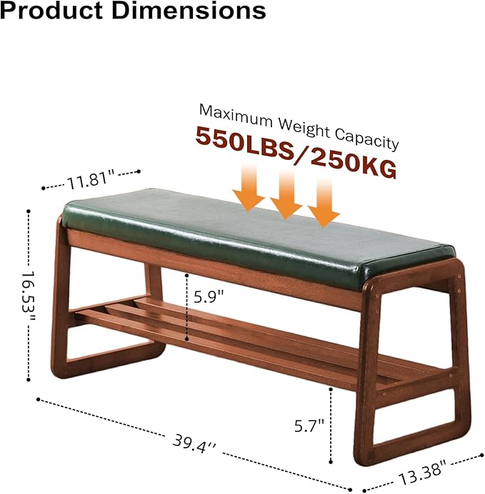 SOBIBO Solid Wood Shoe Bench, 2-Tier Wooden Entryway Bench, Modern Shoe Rack with Faux Leather Cushion for Hallway, Living Room (Green, 39.4'')
