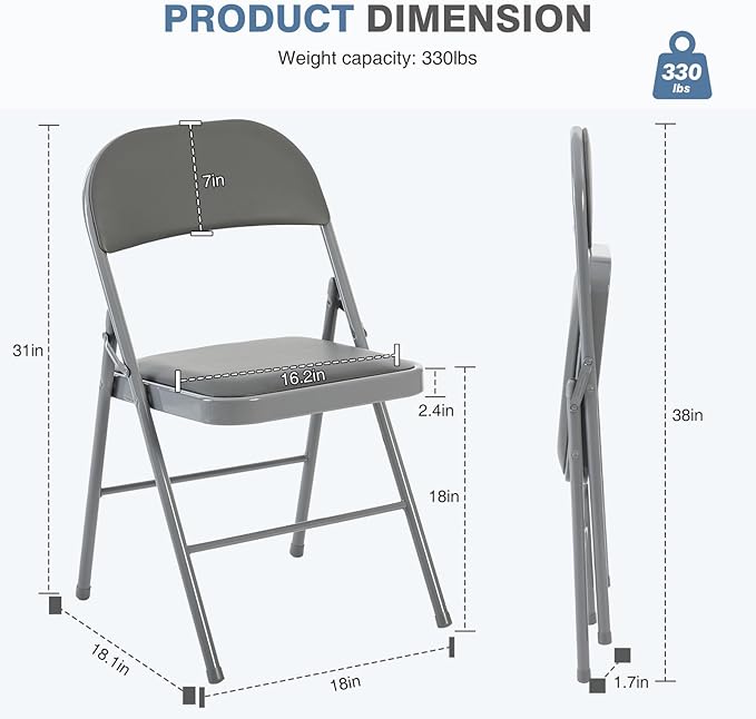 DUMOS 10 Pack Folding Chairs with Padded Cushion and Back - PU Leather Stackable Portable Dining Chairs Set, for Home and Office, Conference, Wedding, Party, Patio, Garden, for Indoor Outdoor, Grey