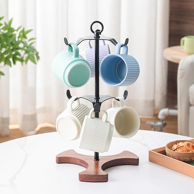 2-Tier Mug Tree Holder for Countertop - Matte Black Metal Coffee Cup Stand with Wood Base - Industrial 6-Hook Mug Rack Organizer for Kitchen Coffee Bar, Modern Farmhouse Decor