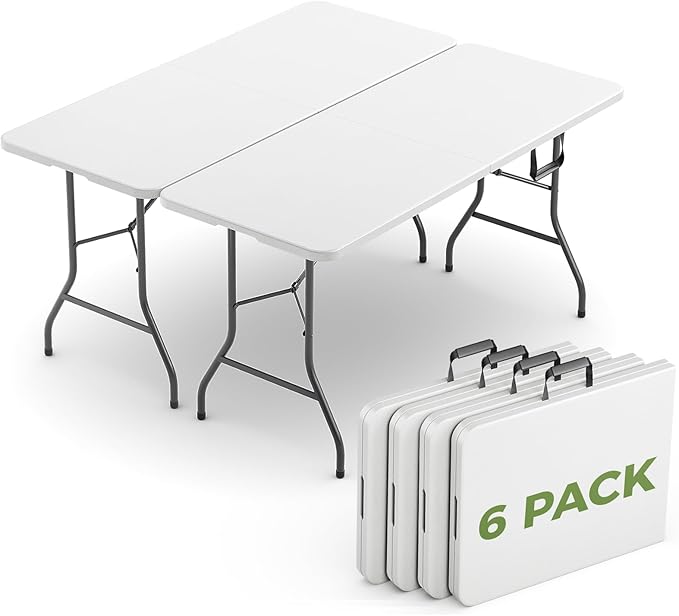 Folding Table 6 Pack, 6 FT Foldable Plastic Table with Carrying Handle, Heavy Duty Portable Fold-in-Half Utility Table for Party, Camping, Banquet, Craft, Wedding, Indoor & Outdoor Use