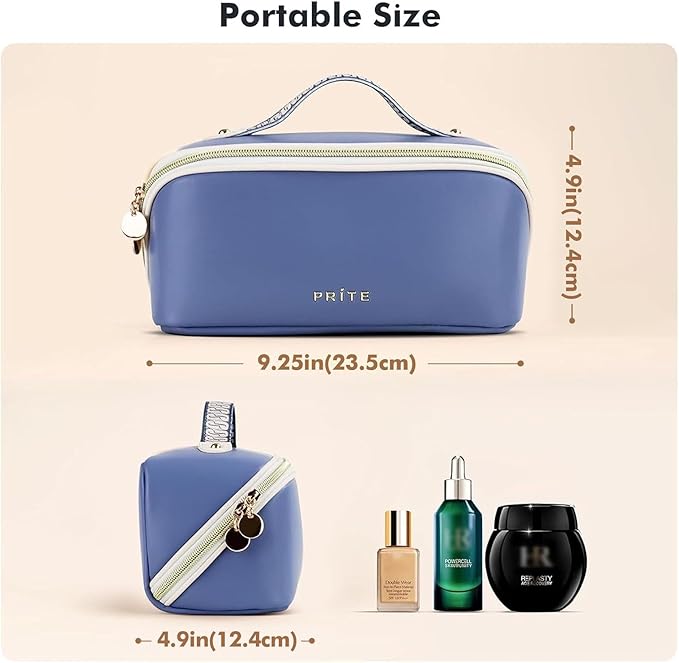Prite Makeup Bag for Women Travel Waterproof Vegan Leather Cosmetic Bag Open Flat Toiletry Bag With Clear Divider and Handle (Blue, Medium)