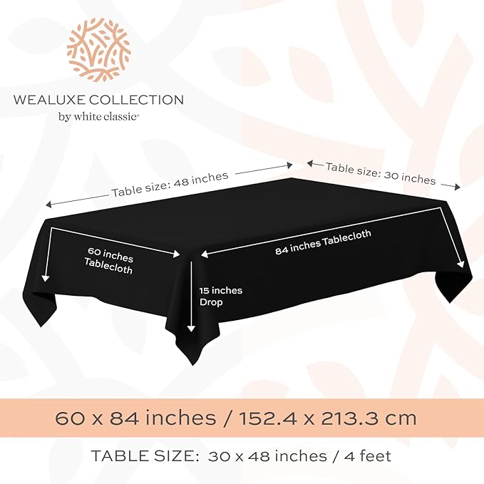 White Classic WEALUXE 2 Pack Black Kitchen Rectangle Tablecloth 4ft [ 60 x 84 in ], Stain and Wrinkle Resistant Washable Polyester Table Cover