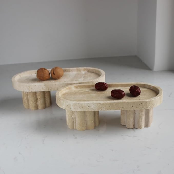 Natural Travertine Marble Oval Tray with 2 Legs, 10" Vanity Decorative Tray for Countertop Organizer, Catchall Tray for Perfume, Candles, Jewelry Dish