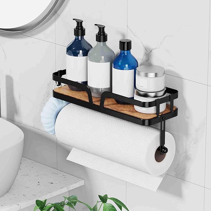 Taozun Paper Towel Holder Wall Mount, Kitchen Paper Holder Spice Rack Black Paper Towel Roll Holder RV Paper Towel Rack with 4 Hooks(2 Installation Methods - Self-Adhesive and Drilling)