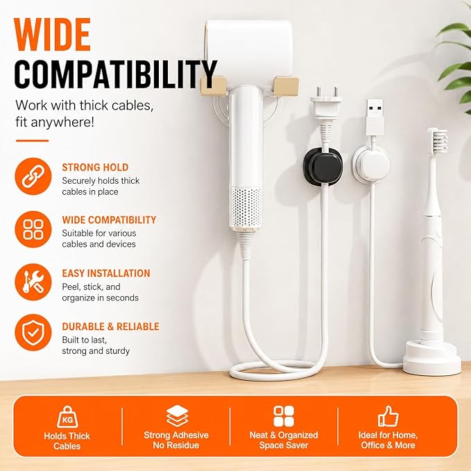 6Pack Cord Organizer - [Dual Spring & Clasp Lock] Cable Management Clips, Adhesive Phone Charger Keeper, Compact Wire Holder for Nightstand/Car, Home Office Desk Accessories Decor Essentials