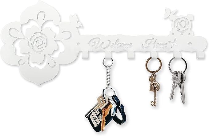 Deveosa Key Hooks Holder for Wall Decorative - Small White Entryway Welcome Home Sign Key Hanging Hangers Wall Mounted Racks