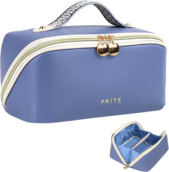 Prite Makeup Bag for Women Travel Waterproof Vegan Leather Cosmetic Bag Open Flat Toiletry Bag With Clear Divider and Handle (Blue, Medium)