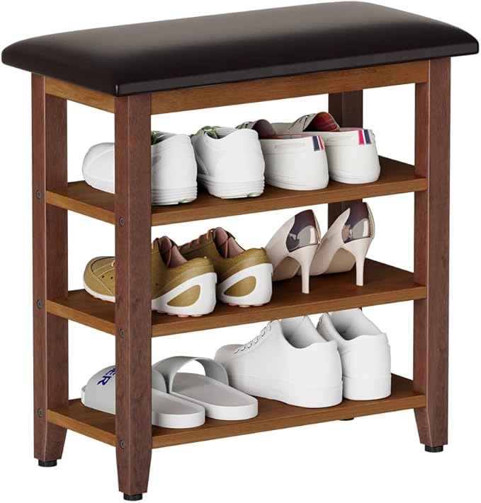 Shoe Bench with Leather Cushion,Wood Bench with Shoe Rack,3-Tier Shoe Storage Organizer for Entryway,Hallway,Living Room (3-Tier-23.6", Rubberwood)
