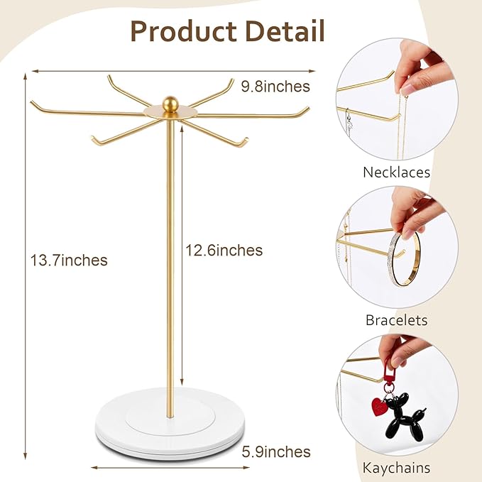 OAOLEER Necklace Holder Display, Rotating Jewelry Stand Gold Metal Necklace Organizer Hanging Jewelry Display for Vendors Bracelet Keychain Storage for Women,Girls