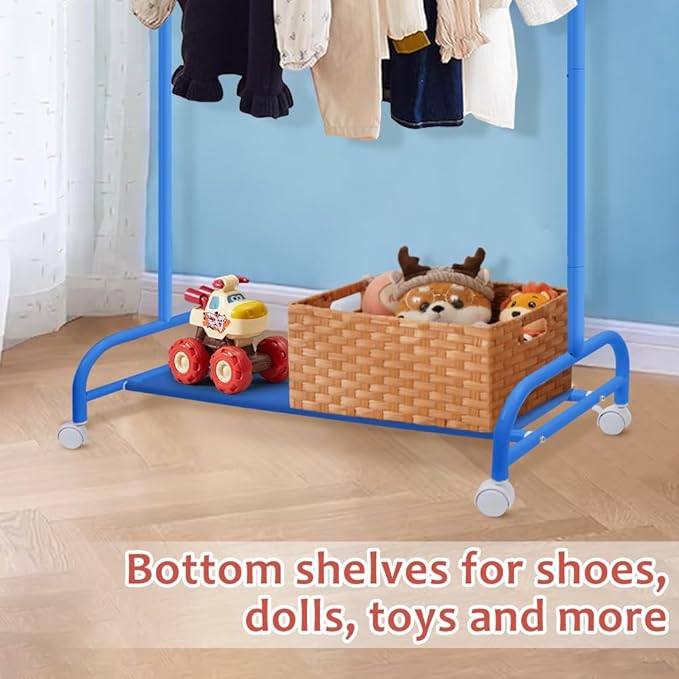 YGJT Kids Clothing Rack, Baby Clothes Rack for Hanging Clothes with Wheels and Bottom Storage Shelf, Small Toddler Garment Rack Kids Dress Up Storage Rack for Coats, Skirts, Dance Costume(Blue)