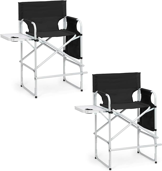 Outvita 2 Piece 26" Tall Directors Chair Height Seat Folding with Side Table Storage Pocket, Support for 300Lbs Portable Makeup Artist Chair with Bar Height(Black)