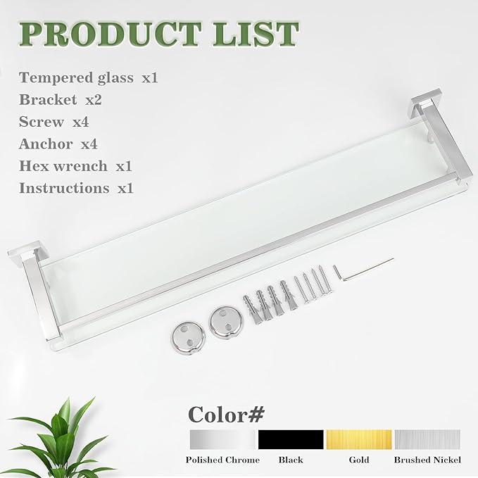 Alise Glass Bathroom Shelves Wall Mounted, 24 Inch Polished Chrome Tempered Floating Shelves Bathroom, Stainless Steel Bathroom Glass Shelf