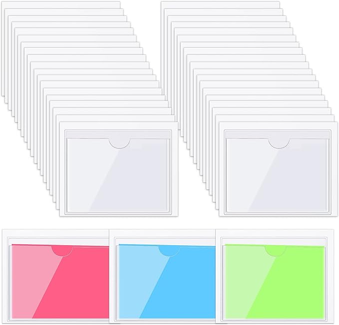 Outus 200 Pack 3.1 x 3.9 Inch Self Adhesive Label Pockets Bulk Plastic Labels Holders for Storage Bins Clear Classroom Nameplate Sleeves Index Card Tote Photos Waterproof Protect Office