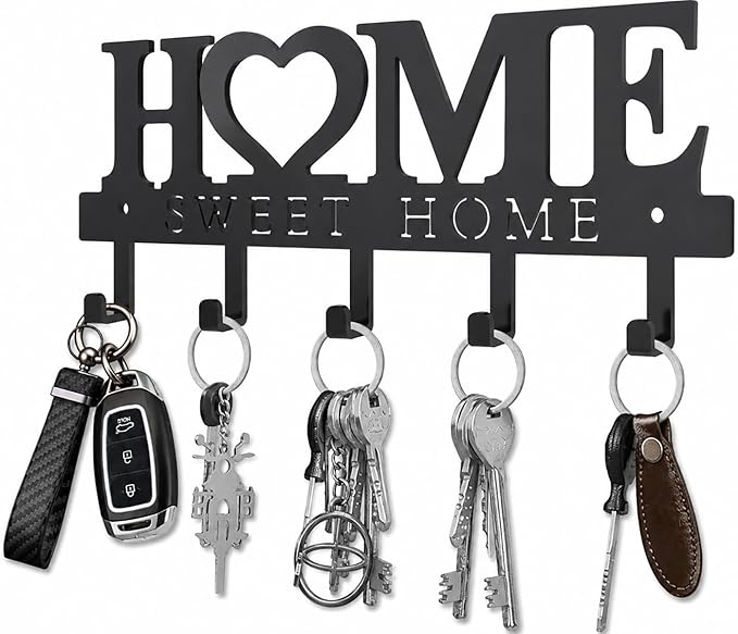 Key Holder Hooks Organizer Hanger Rack Wall Mounted Sweet Home Metal Decor Stylish and Practical for Entryway Front Door Kitchen Hallway Garage Mudroom Office Hardward Included Black (Sweet-two)