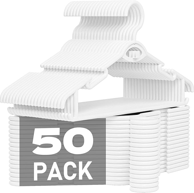 Heavy Duty Plastic Hangers 50 Pack, Stackable Space Saving, with 360° Swivel Hook, Non Slip Shoulder Grooves, for Suits, Shirts, Coats, Durable & Strong Closet Organizers, White