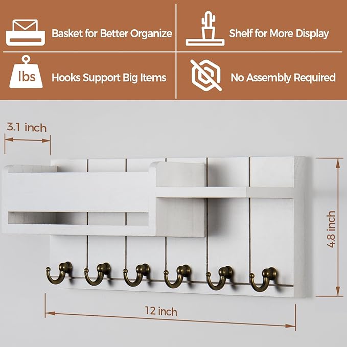 RelaxScene Key Holder Wall Mount - Key Hooks for Wall Decor Living Room - Wooden Key Hanger Rack and Mail Organizer with Shelf for Home Essentials - Modern Entryway House Decor Aesthetic