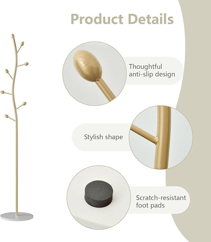 sawsile Gold Coat Rack Freestanding,Coat Hanger Stand with Natural Marble Base,Modern Sturdy Metal Clothes Rack Standing Hall Tree Hanger for Hats,Scarf, Bag, Jacket