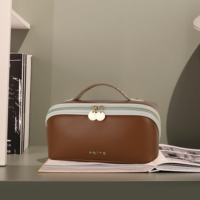 Prite Makeup Bag for Women Travel Waterproof Vegan Leather Cosmetic Bag Open Flat Toiletry Bag With Clear Divider and Handle (Dark Brown, Medium)