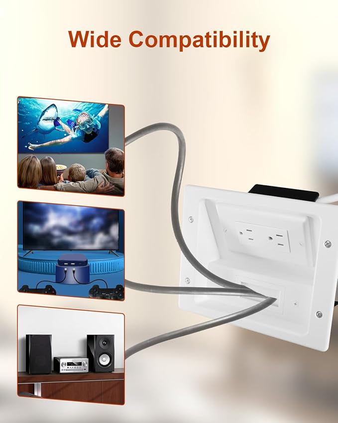 in Wall Cable Concealer Kit with Recessed TV Outlet Box 2 Hole Socket, 9ft Cord, Cable Management Kit with TV Cable Management, HDMI Cables and Home Theater Systems