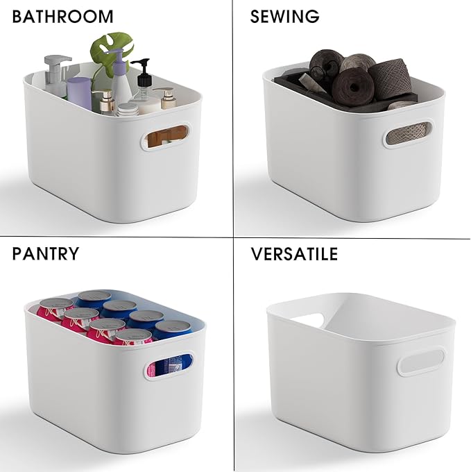ORGIDOL 12 Pack White Plastic Storage Bins, Storage Container for Organizing, Storage Boxes with Handle for Shelves, Cute Organizer Bins for Craft, Snacks, Pantry, Cabinet, 9.69x6.7x5.7 inch