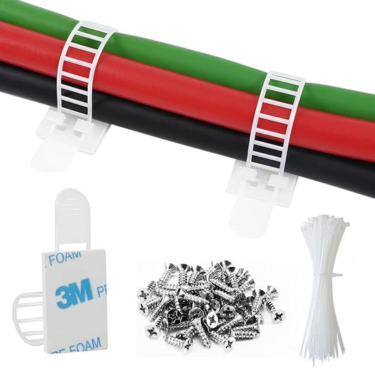 50Pcs Adhesive Cable Management Clips with 50Pcs Zip Ties, Adjustable Nylon Cable Strap Ties Wire Clips Clamps Organizer, Extra Screw & Hole - 3.55 Inch White
