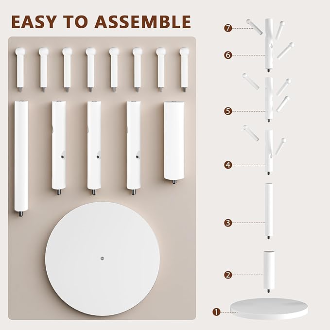 Coat Rack Freestanding Wooden Coat Tree Stand with 8 Round-tip Hooks, 3 Adjustable heights Coat Hat Rack for Entryway,Bedroom,Hallway,Office (White)
