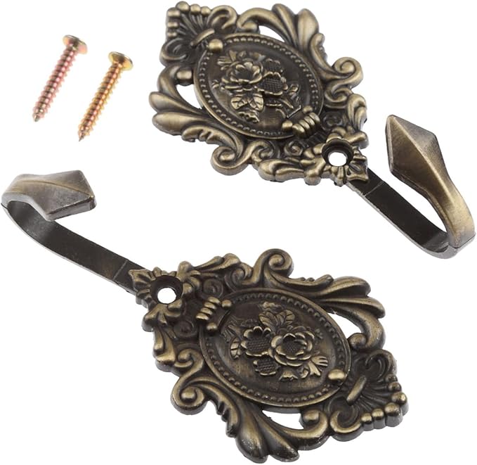 4Pcs Curtain Tiebacks Hook Vintage Bronze Rose Pattern Carved Wall Hooks Key Hook Clothes Hanger Bathroom Bedroom Multi-Function Decorative Hook with Screws