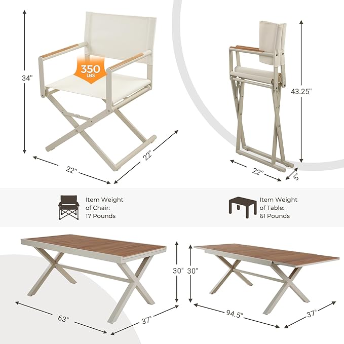 Grand patio 11-Piece Outdoor Dining Set, 10 Extra-Wide Folding Chairs & 1 Rectangle Expandable Table for 6-8 Person, Sling Mesh Patio Chairs with Wood Grain Table for Yard, Poolside, Deck, Apricot