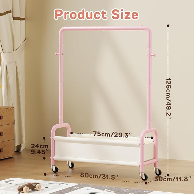 Kids Clothing Rack with Storage Shelf, Kids Dress Up Storage for Coats, Small Baby Garment Rack for Hanging Clothes, Toddler Wardrobe Closet Organizer (Pink, Upgrade with Wheel)