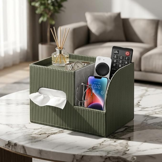 Modern PU Leather Cube Tissue Box Cover with Storage Tray, Multifunctional Remote Control Holder & Facial Tissue Dispenser Organizer for Nightstand, Bathroom, Bedroom, Office & Home Decor
