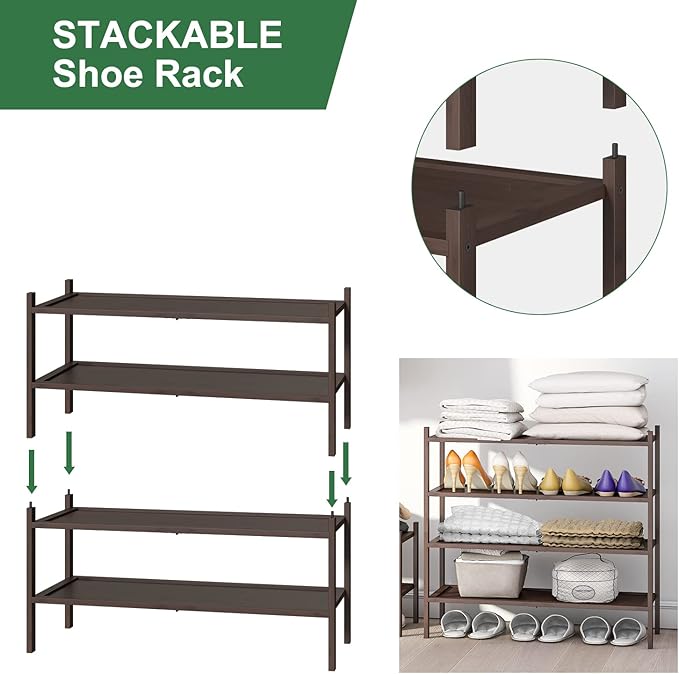 kiplant Bamboo Shoe Rack for Entryway, 2-Tier Stackable | Foldable | Natural, Shoe Organizer for Hallway Closet, Free Standing Shoe Racks for Indoor Outdoor
