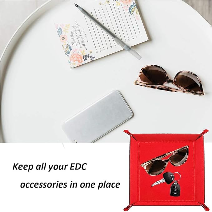 Valet Tray Desktop Storage Organizer – Vegan Leather Catchall Tray Bedside Vanity Tray Nightstand Caddy Holder for Remote Controller, Watch, Keys, Phone, Wallet, Coin, Jewelry, Red