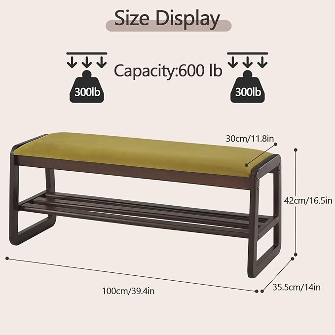 Achicsofar Shoe Rack Bench,2 Tier Solid Wooden Entryway Bench with Shoe Storage, Shoe Rack with Cushion for Living Room, Hallway(Olive Green, 39.4")