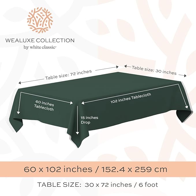White Classic Green Tablecloths for Rectangle Tables [60x102 Inch] Green Table Clothes for 6 Foot Rectangle Tables, 200 GSM Washable Fabric Stain and Wrinkle Resistant [2 Pack]