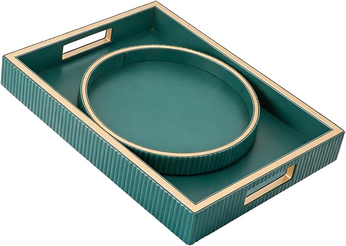 SANZIE Leather Tray Desktop Storage Organizer Premium Serving Trays Decorative Tray Valet Tray for Sundries Cosmetics Keys Phone Wallet Cutlery (Green Holder with Disc)