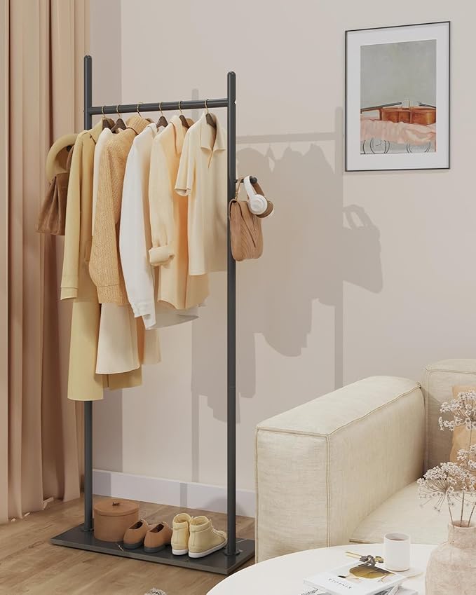 Large Metal Coat Rack Freestanding, Modern Coat Hanger Stand with 2 Hooks and Heavy Rock Slab Base, Industrial Clothing Rack, Coat Stand, 25.6 x 11.8 x 68.9 In, Black, GYJ202LB