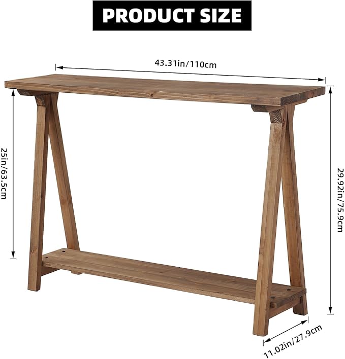 Farmhouse Console Tables for Living Room, 43.3" Solid Wood 2-Tier Sofa Table, Rustic Hallway Table for Entryway, Natural
