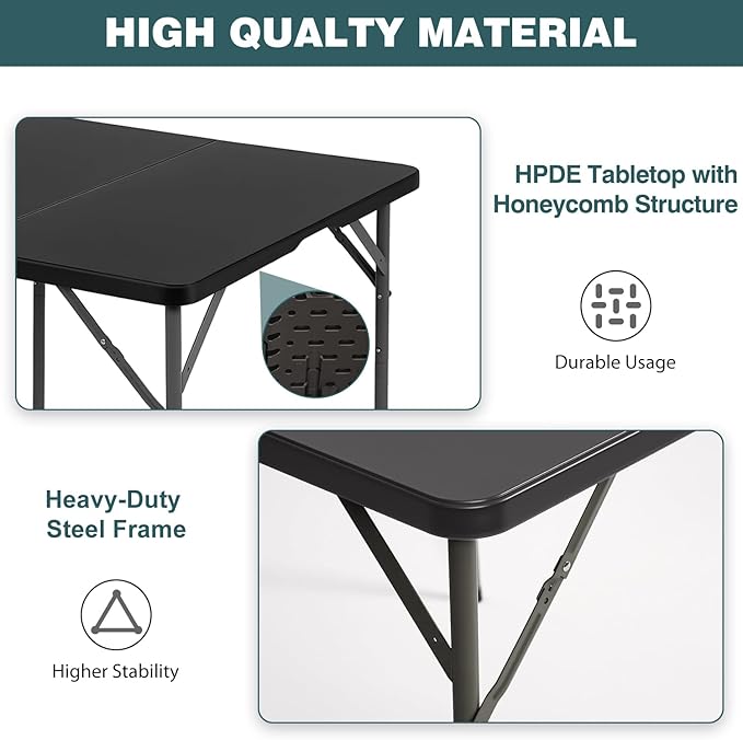 FDW 34" Square Outdoor Dining Table, Foldable Portable Plastic Folding Card Table with Built in Carrying Handle and Height Adjustable for Party and Wedding Use, Black