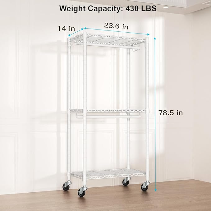 FUTASSI P3 Mini Rolling Clothes Rack, Clothing Racks for Hanging Clothes, Heavy Duty Garment Rack with Wheels, Freestanding Portable Closet Racks 23.6'' W x 14'' D x 78.5'' H, Max Load 430 Lbs, White