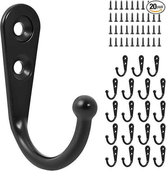 20 Pcs Key Hooks Coat Hooks for Hanging, Key Holder, Wall Mount Hook with Stainless Steel Screws, Command Hooks Utility Hangers for Key, Hat, Cup, Coat, Picture (Black)
