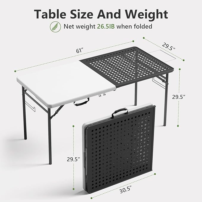 Folding Table, 5ft Folding Grill Table, Portable Camping Table for Cooking & BBQ Prep, 2-in-1 Metal&Solid Surface Foldable Grill Station for Outdoor Camping, Backyard, Patio Use,(Black and White)