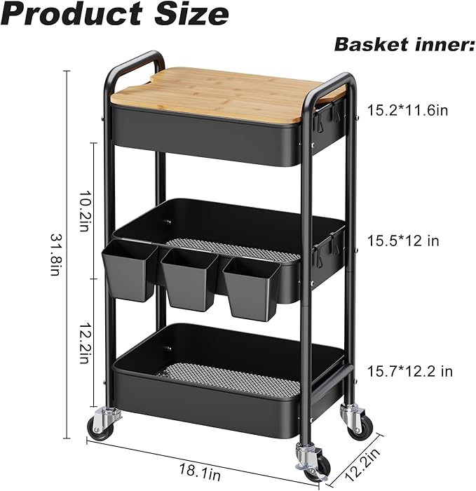 3 Tier Rolling Cart with Wood Table Top, Rolling Cart Table on Lockable Wheels,Rolling Side Table with Storage, Black Utility Carts for Arts and Crafts, Dorm, Medica, Laundry Room, Roller Book Shelf