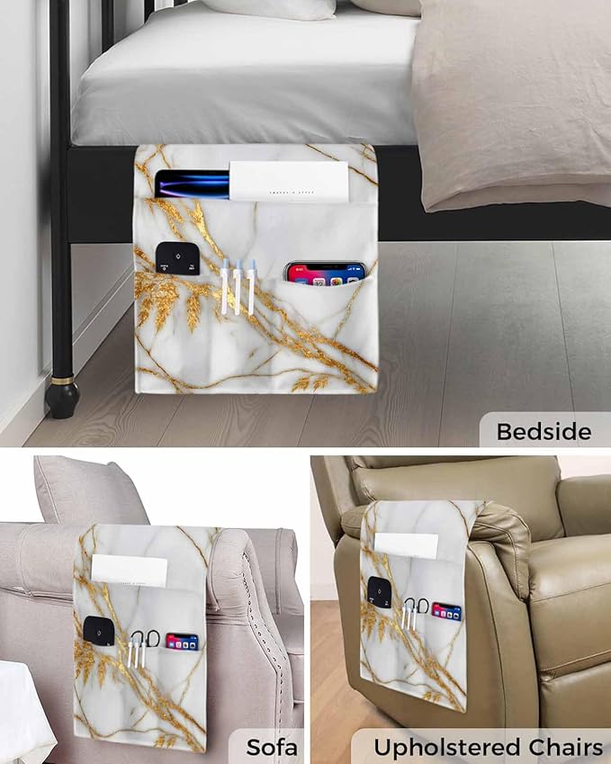 Sofa Armrest Organizer Bedside Caddy, White Yellow Marble Non Slip Couch Remote Control Holder for Recliner, Ink Painting Modern Art Armchair Caddy with Pocket for Magazine, Phone, 13"x35"
